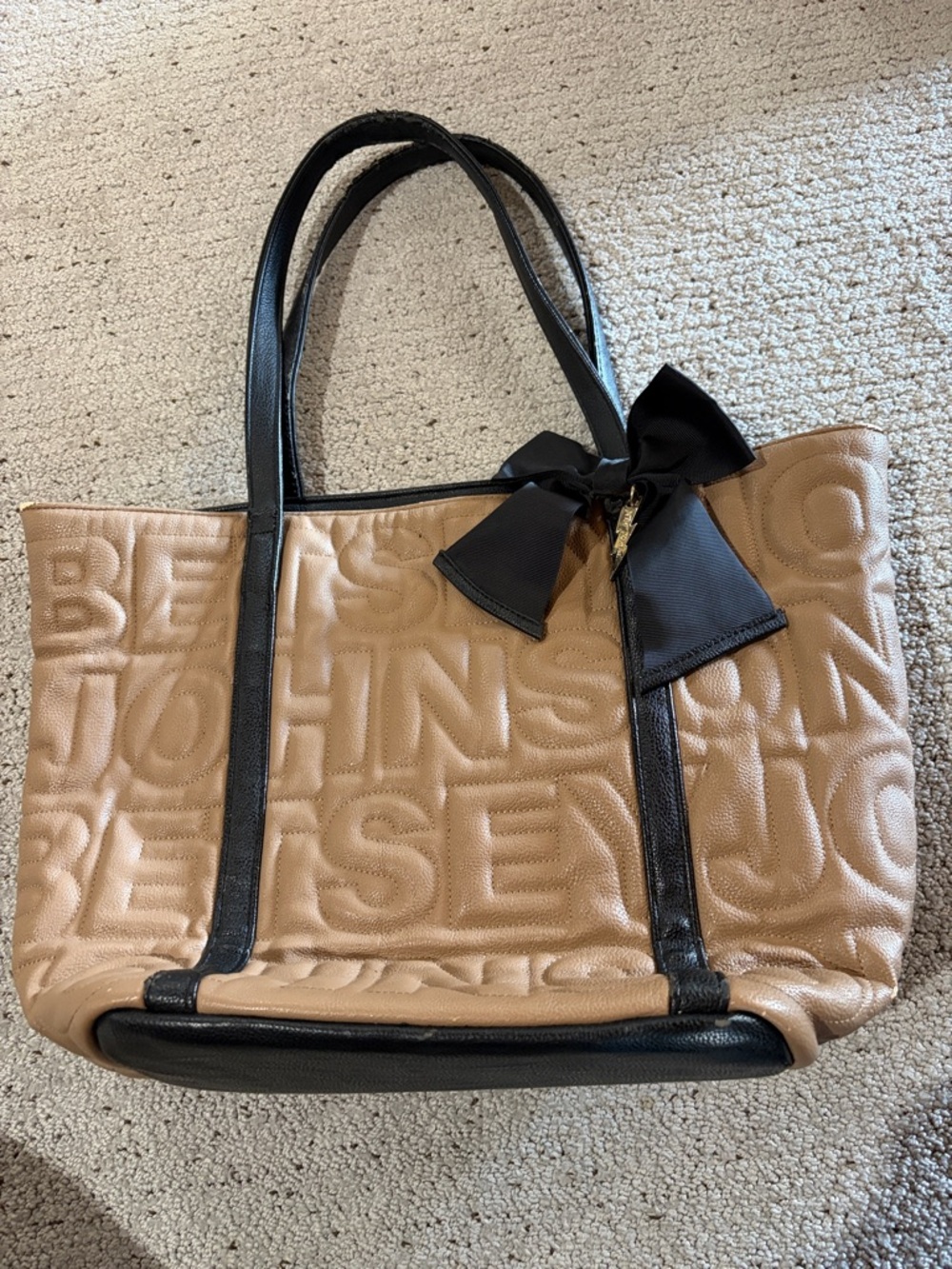 Betsey Johnson Beige Quilted Tote with Black Trim and Bow